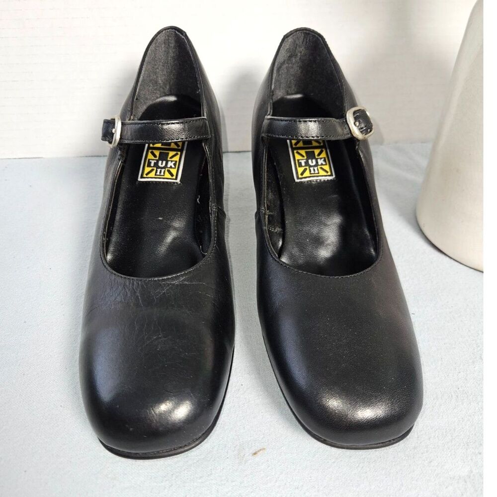 T.U.K. II Black Waxi Leather Heeled Mary Jane Shoes US 8 EU 39 Vintage style